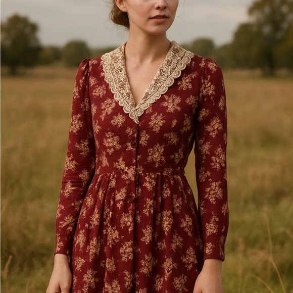 Vintage Westminster Lace burgundy floral prairie style dress size 6 - Picture 2 of 10